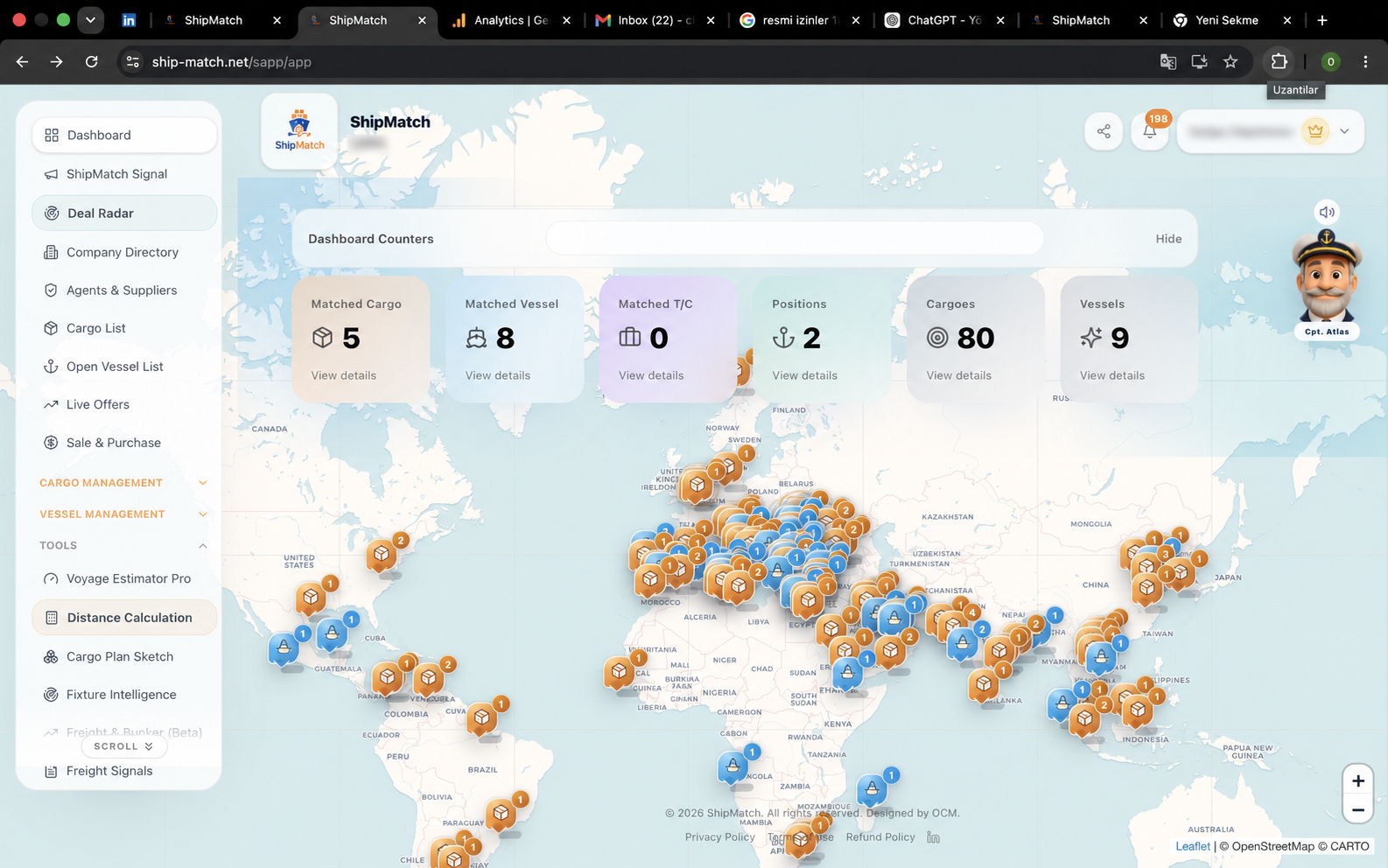 ShipMatch dashboard with cargo and vessel positions on a world map